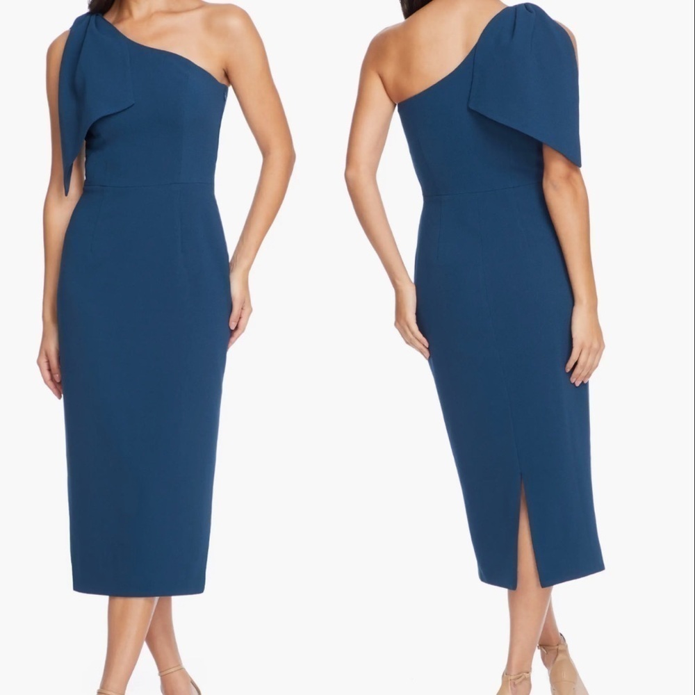 NWOT Dress The Population TIFFANY One Shoulder MIDI Dress peacock blue M